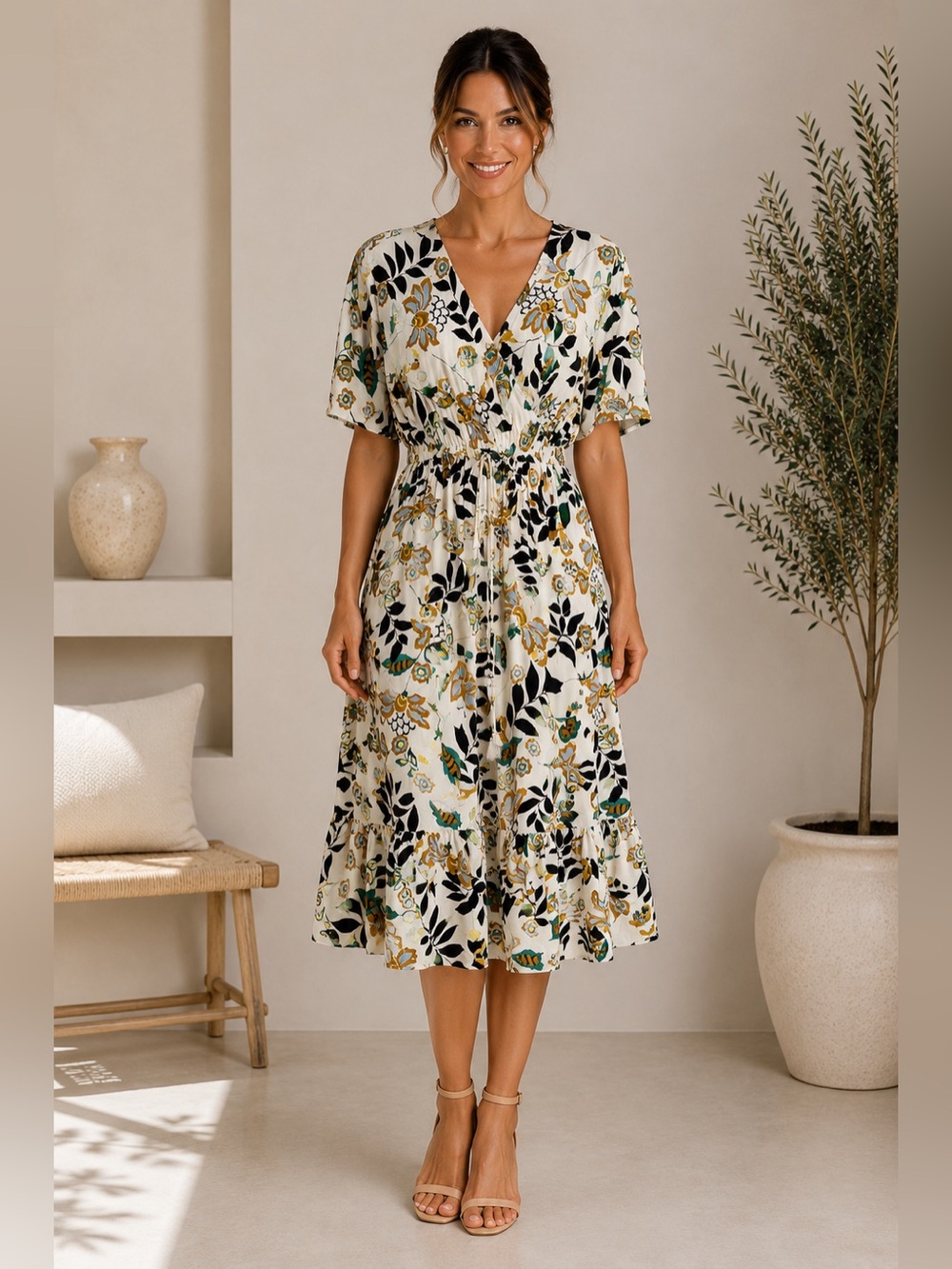 Kindred 1X Floral Midi Dress Plus Size Faux Wrap Tie Waist Boho Rayon